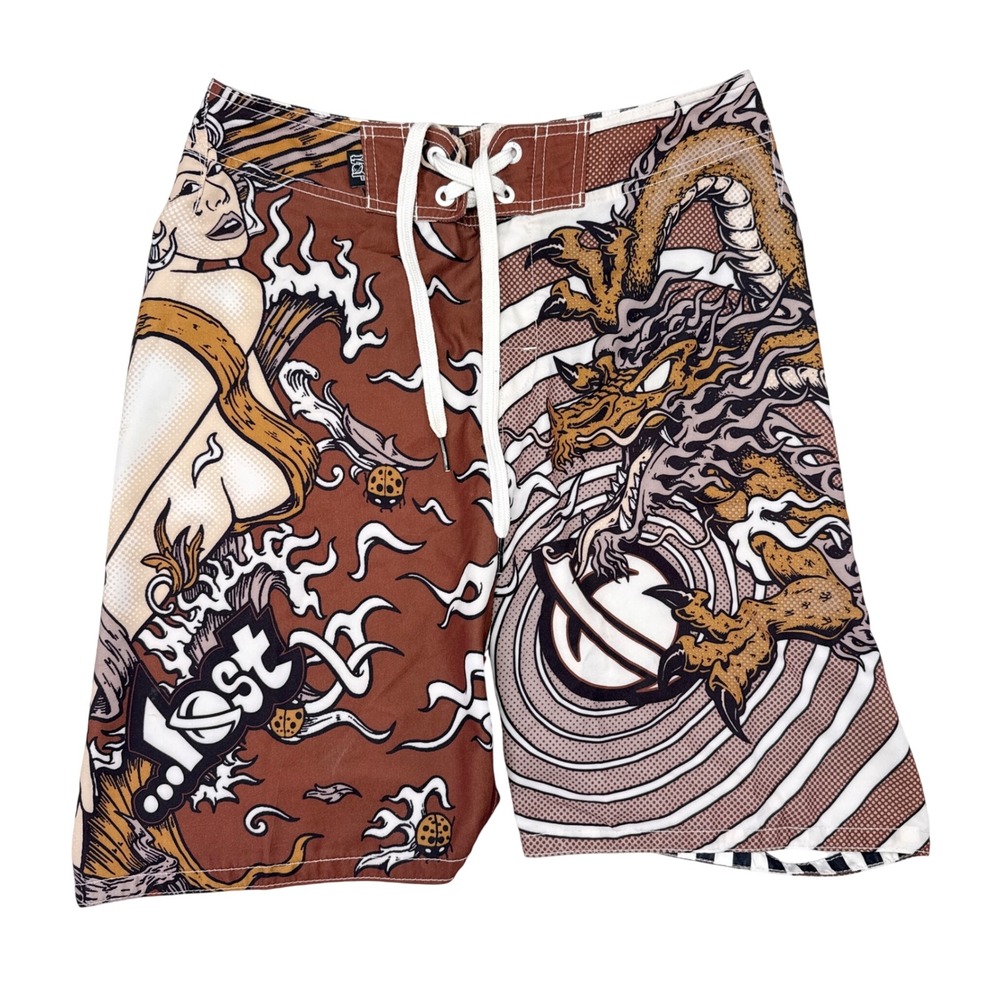 Y2K Lost Enterprises Board Shorts Size 31 Psychoworld Naked Woman All Over Print